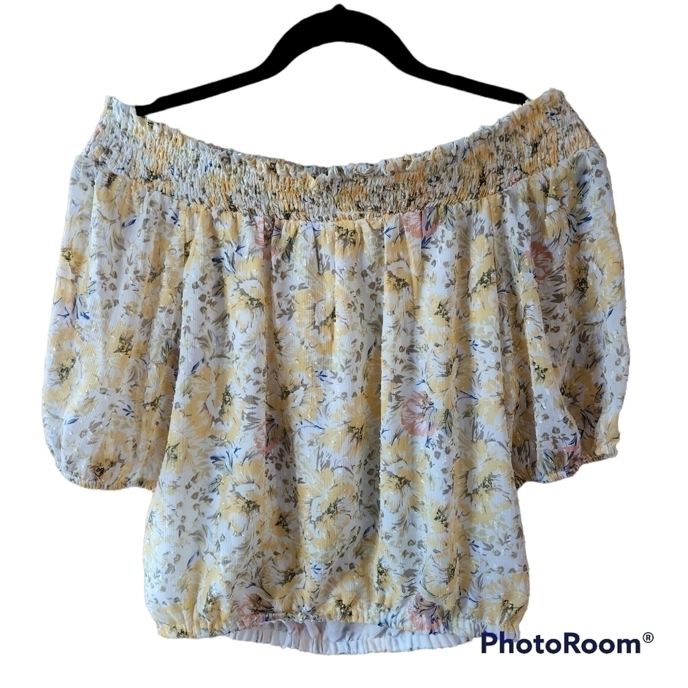Joie Crop Top Floral Blouse Smocked Off The Shoulder Flowy
